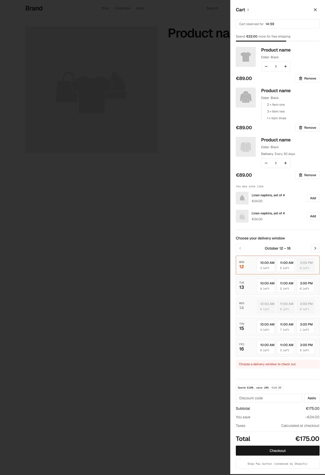 Cart drawer with delivery window page in the wireframe kit