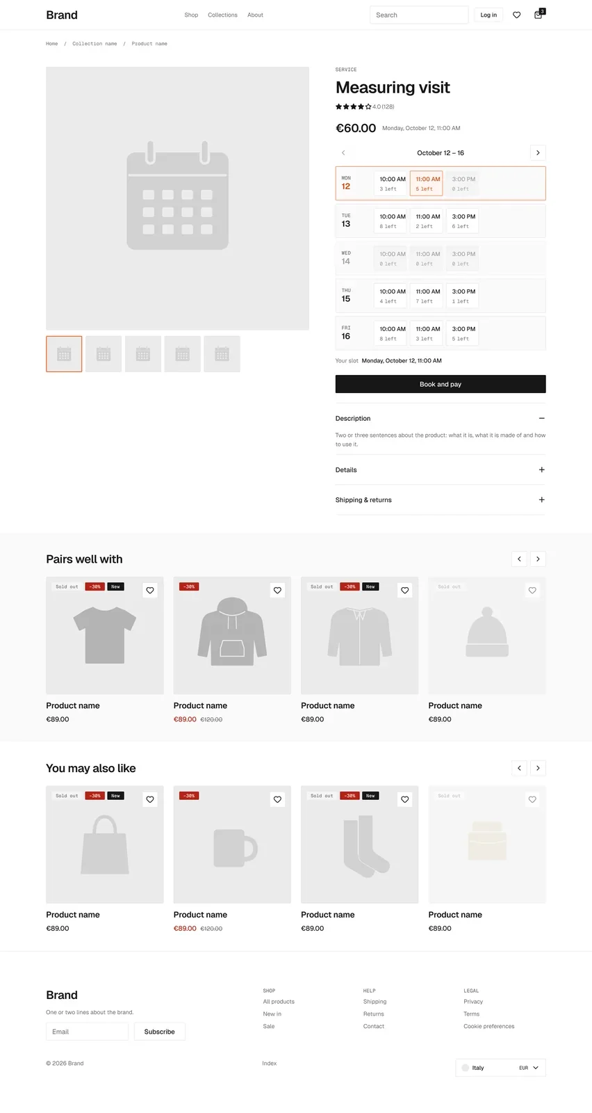 Service product page in the wireframe kit