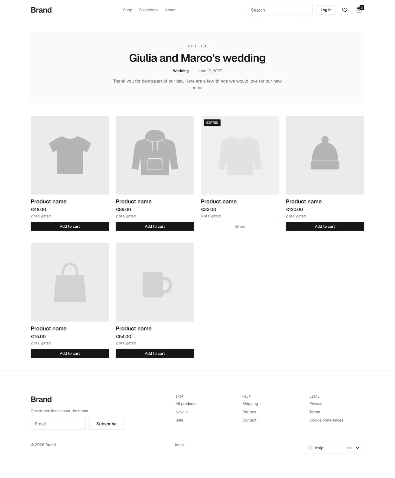 Gift list page in the wireframe kit