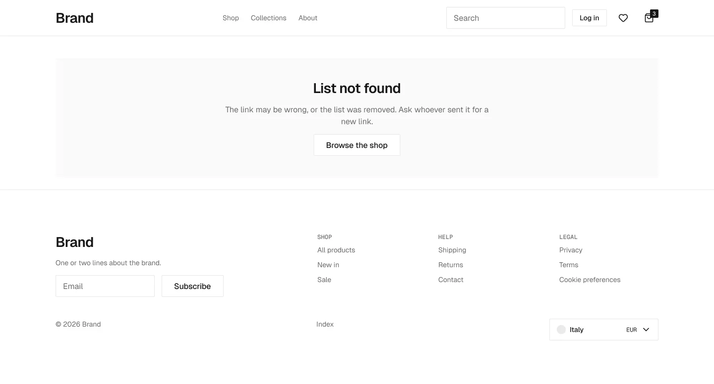 Gift list not found page in the wireframe kit
