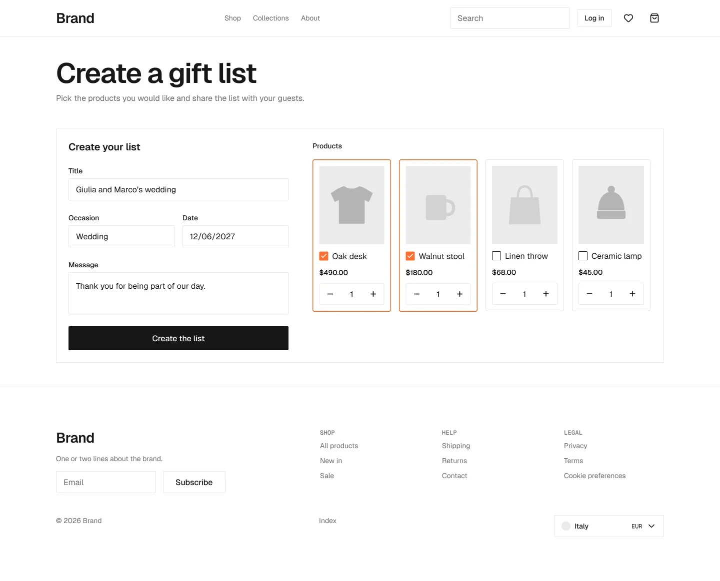 Create a gift list page in the wireframe kit