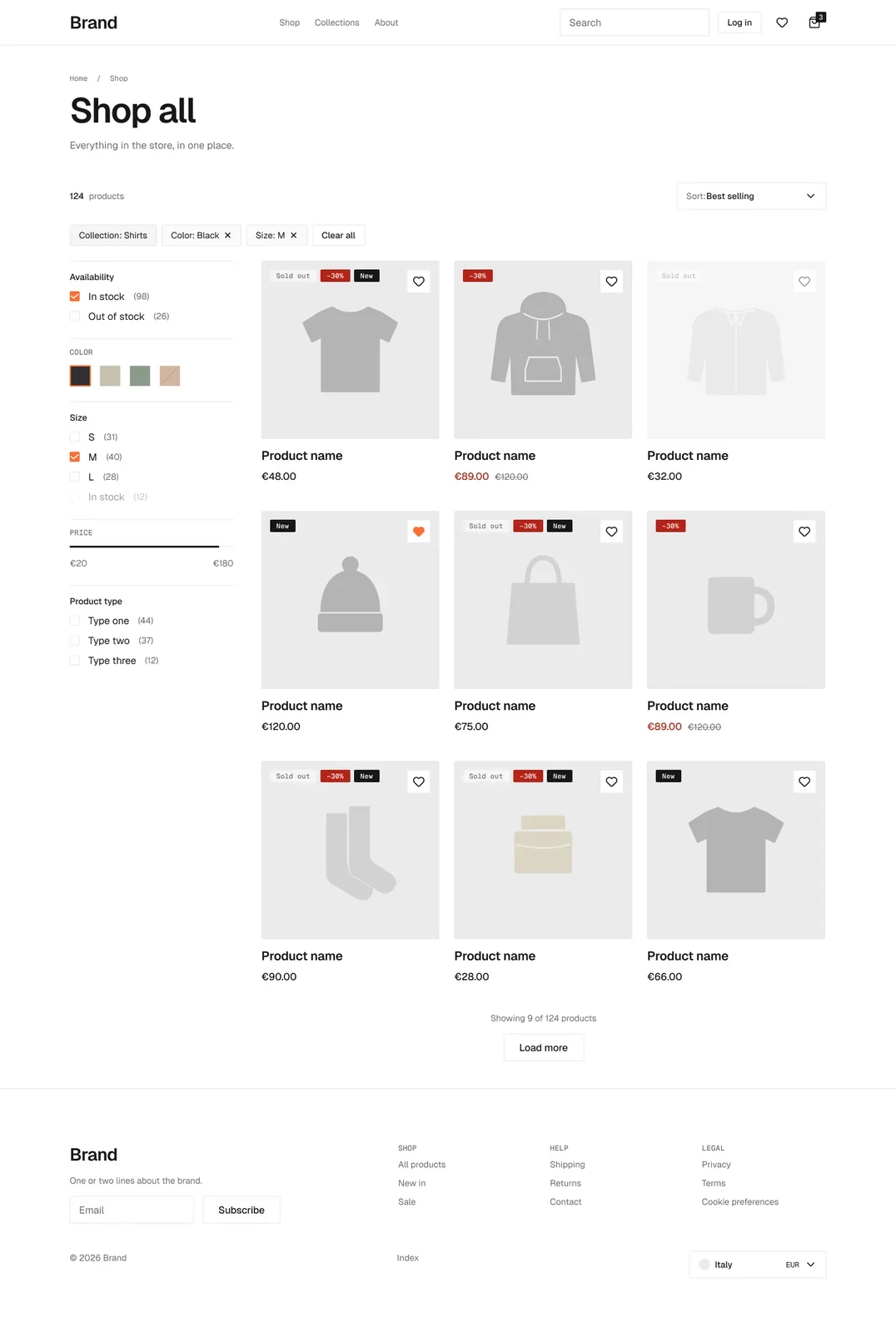 Shop page in the wireframe kit