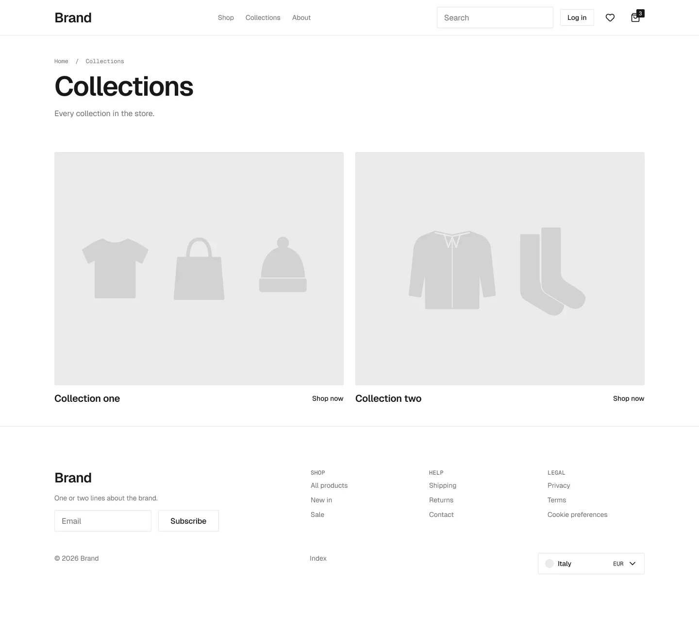 Collections page in the wireframe kit