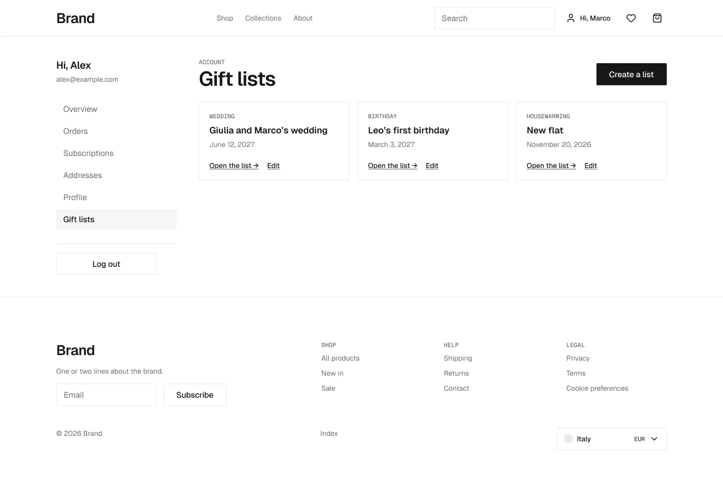 Account gift lists page in the wireframe kit