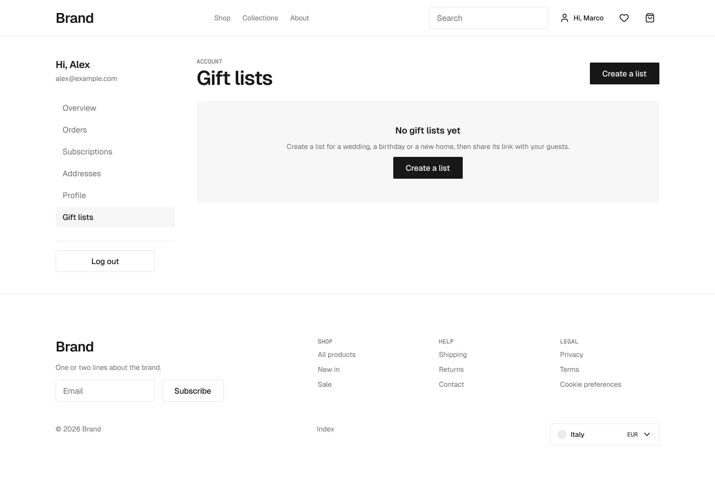 Account gift lists, empty page in the wireframe kit