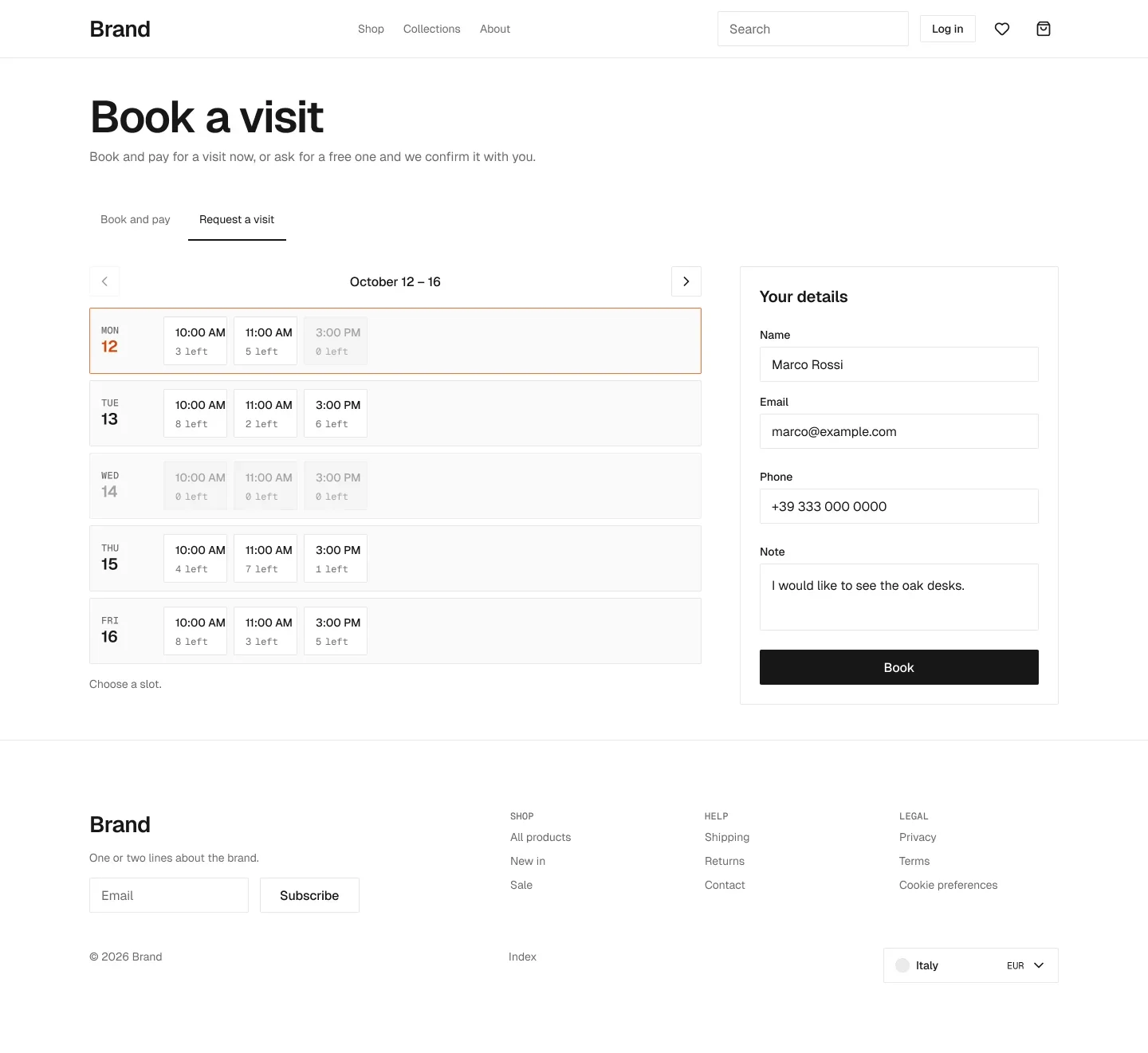 Visit request page in the wireframe kit