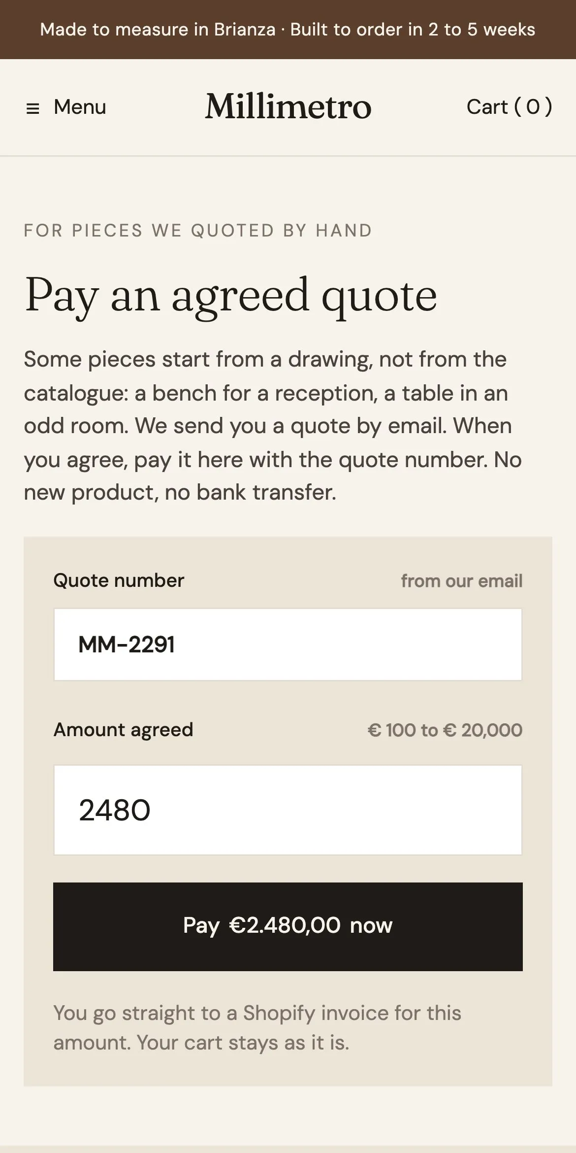 Pay an agreed quote on a phone: quote number MM-2291 and €2,480 typed, a Pay button with the amount