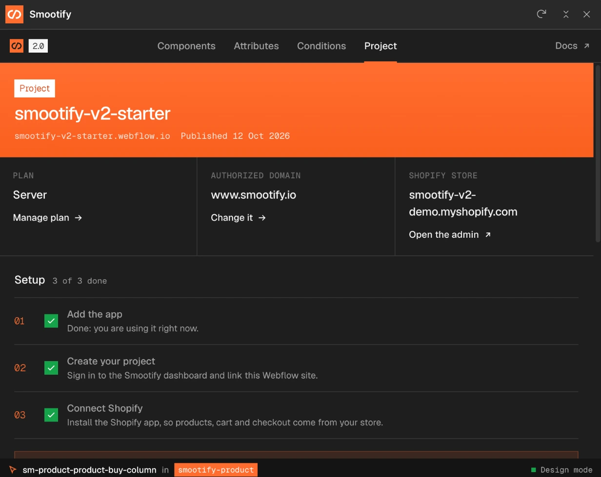 The Project tab: the starter project and its webflow.io address, the Server plan, the authorized domain, the connected Shopify store, and the setup with 3 of 3 steps done