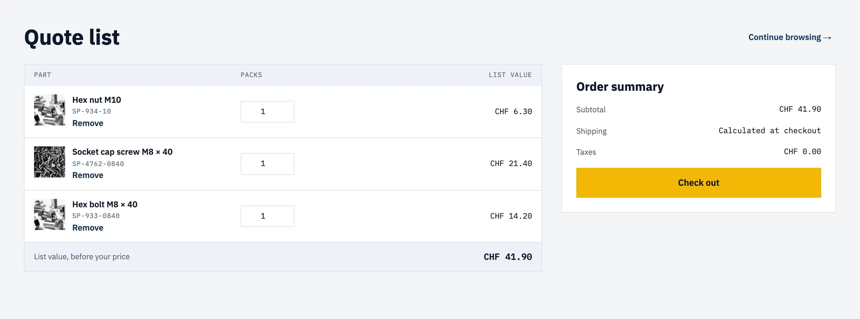 The Quote list page with three parts, their packs and list value, and an order summary