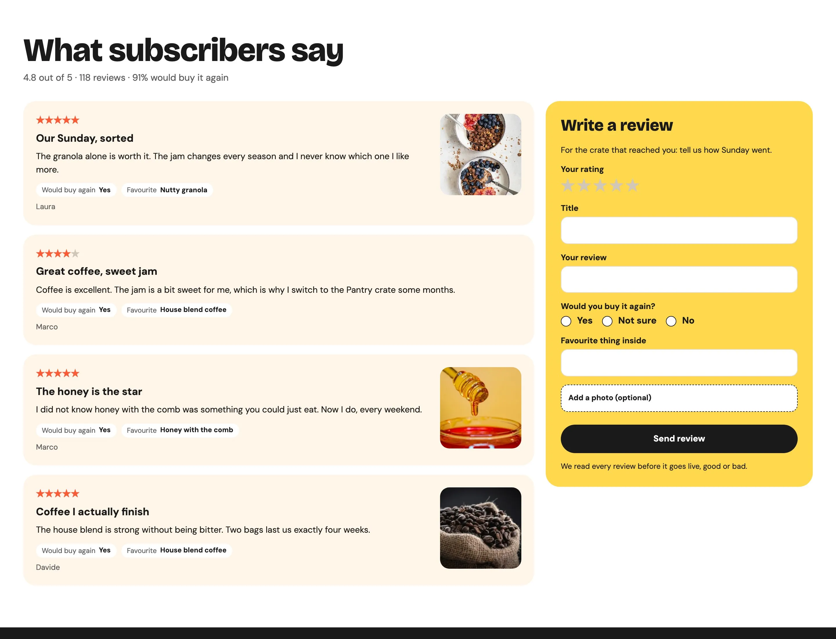 Reviews on the Breakfast Crate page, each with stars, a title, would-buy-again and favorite item, next to a Write a review form