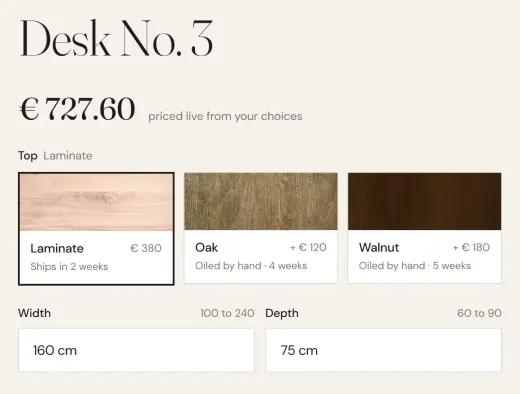 Product configurator in the Millimetro demo store: Laminate top → € 727.60; Pick Oak → price updates to € 847.60; Pick Walnut → € 907.60, paid on a draft order