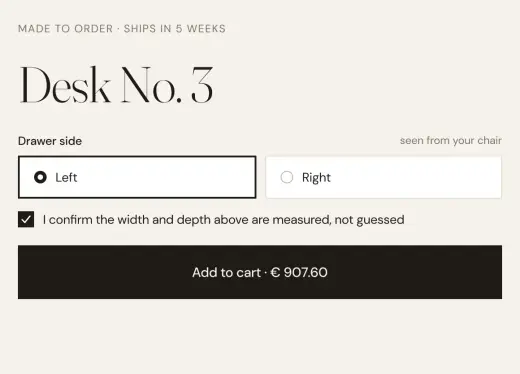 Dynamic properties in the Millimetro demo store: Desk No. 3: its metaobject asks for the drawer side; Pick Right → saved as a line item property; Same layout, gift card: email and message instead