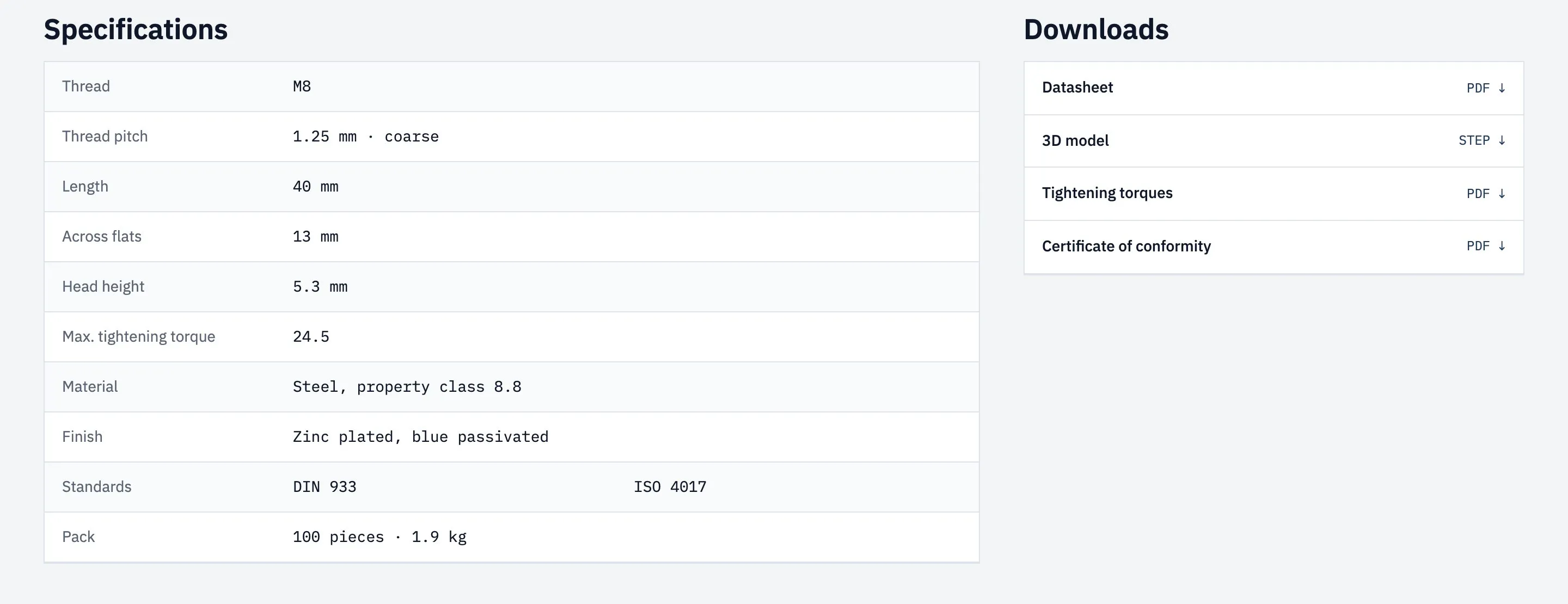 The Specifications table of the M8 × 40 hex bolt beside its Downloads: datasheet PDF, STEP model, torque table and declaration of conformity