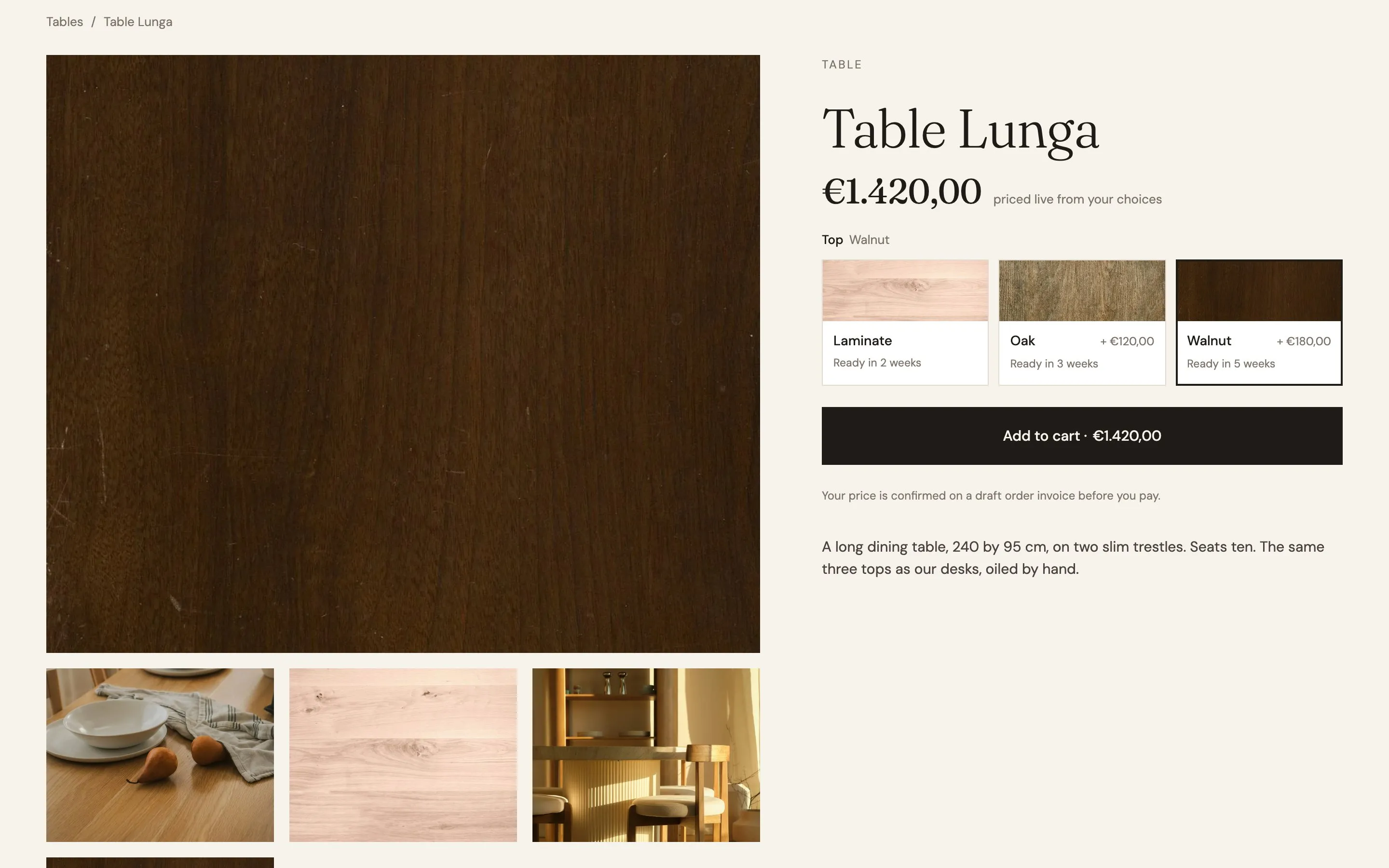 Table Lunga with the Walnut top selected: three wood swatches with their price difference and lead time
