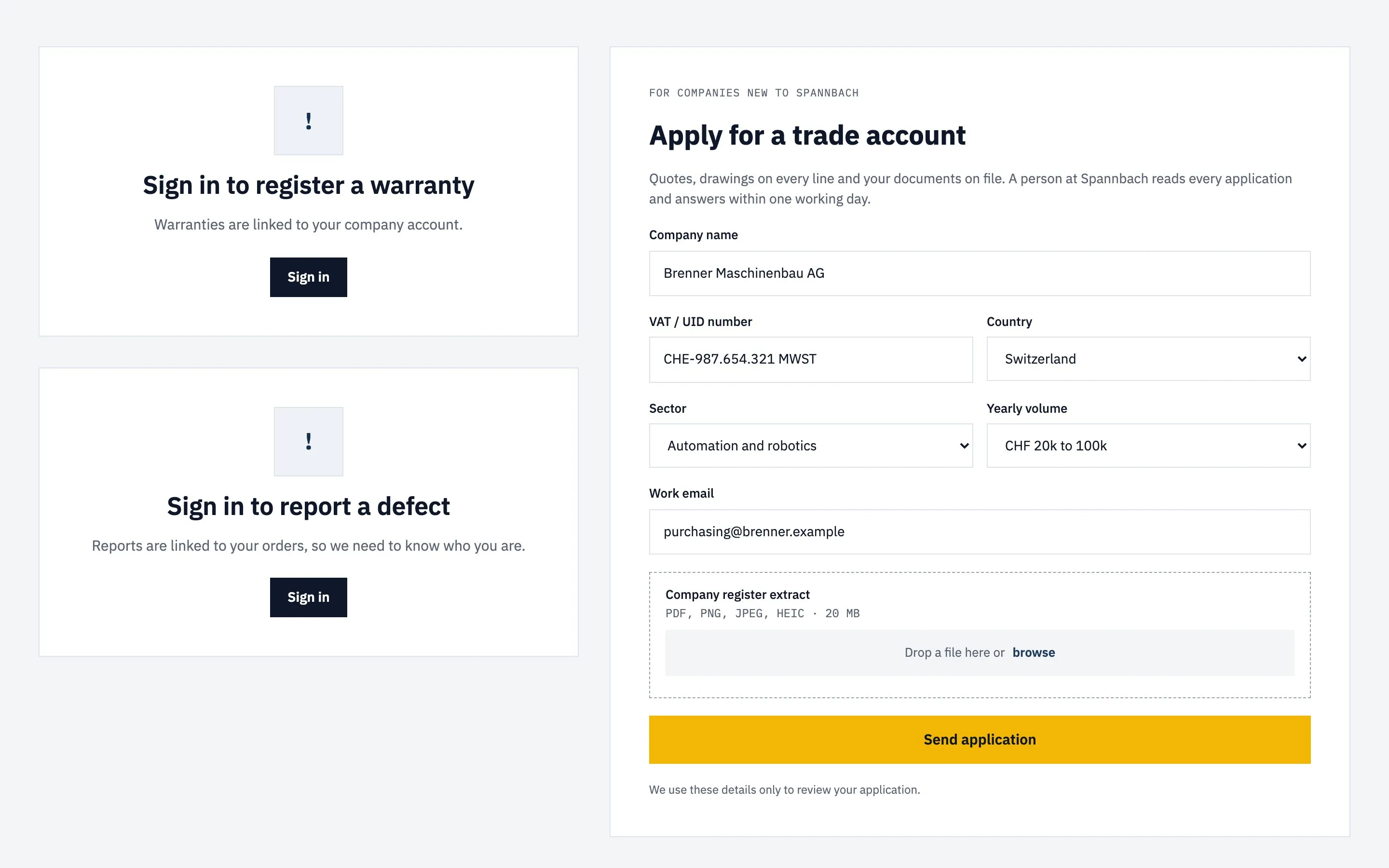 The trade account application form being filled in, beside two cards asking the visitor to sign in to register a warranty or report a defect