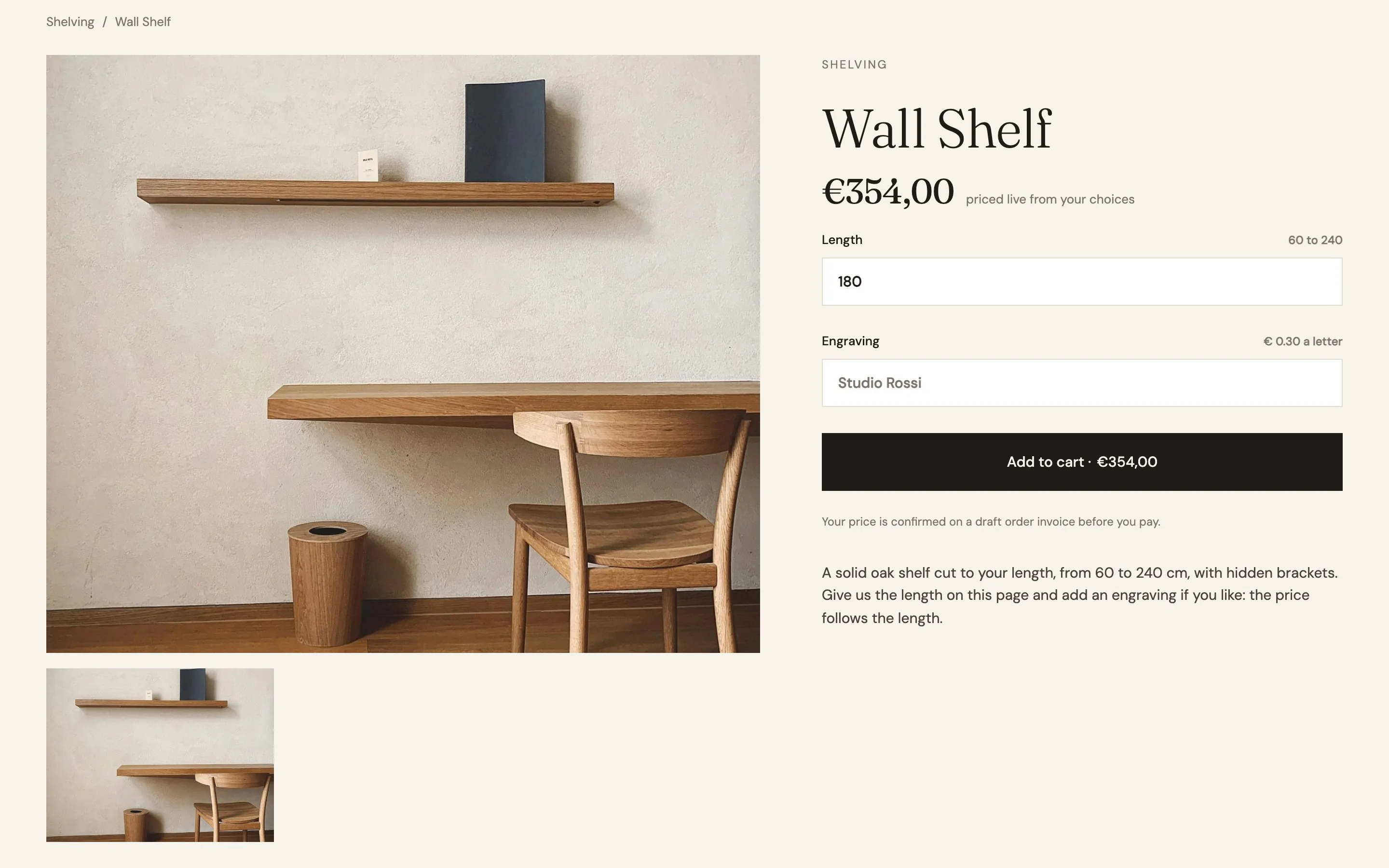 Wall Shelf with a length of 180 cm typed, priced at €354