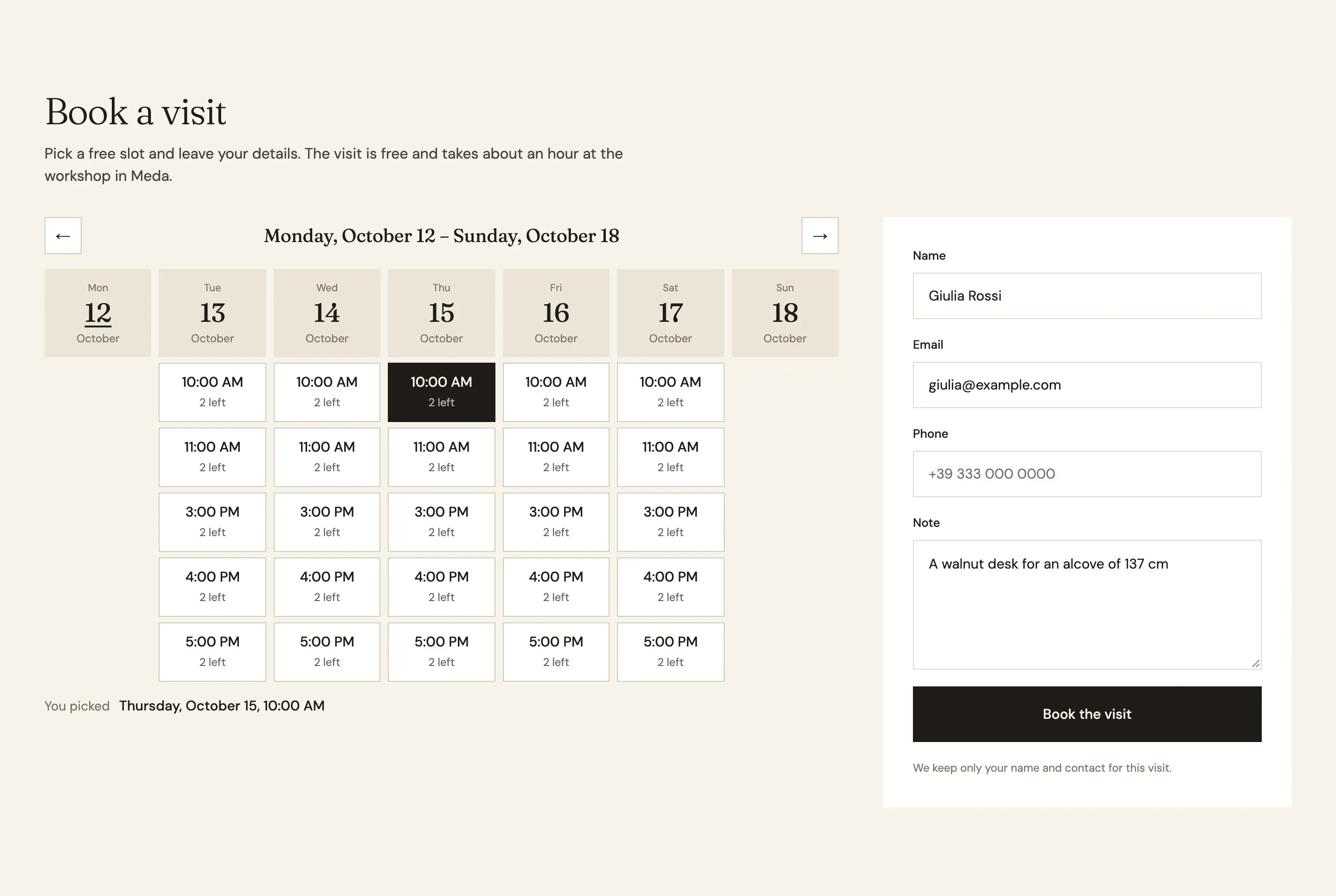 The “Book a visit” section of Visit the workshop, with Thursday at 10:00 picked and the form filled in