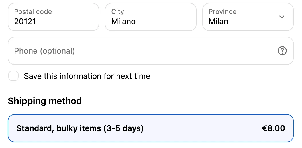 The Shipping method of a Shopify checkout with one option, "Standard, bulky items (3-5 days)" at €8.00: Express is hidden and Standard renamed.