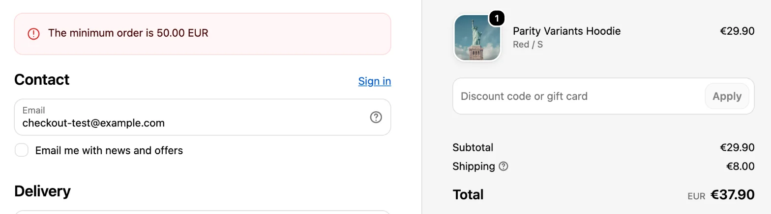 A Shopify checkout with a €29.90 cart and the banner "The minimum order is 50.00 EUR" above the contact fields.