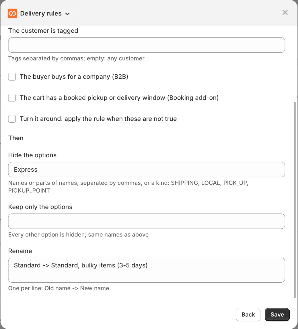 The second half of a delivery rule: Hide the options, Keep only the options, and Rename with one Old name -> New name per line.
