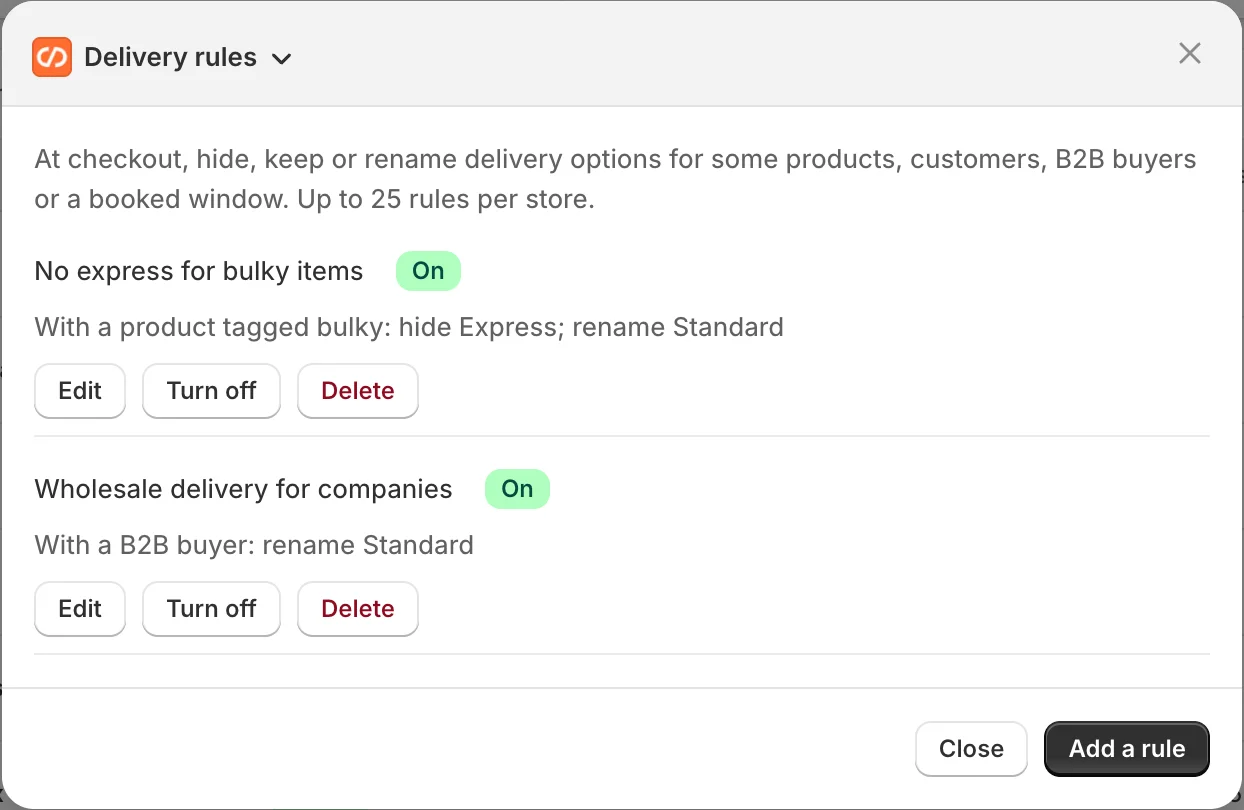 The Delivery rules list: two rules, each with its summary and the Edit, Turn off and Delete buttons, and an Add a rule button.
