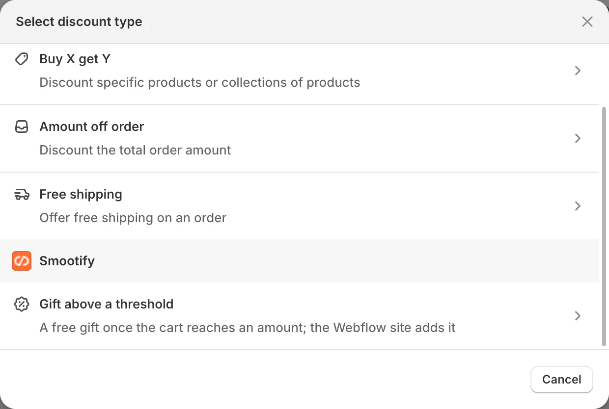 The Select discount type window in the Shopify admin, with Gift above a threshold under Smootify.