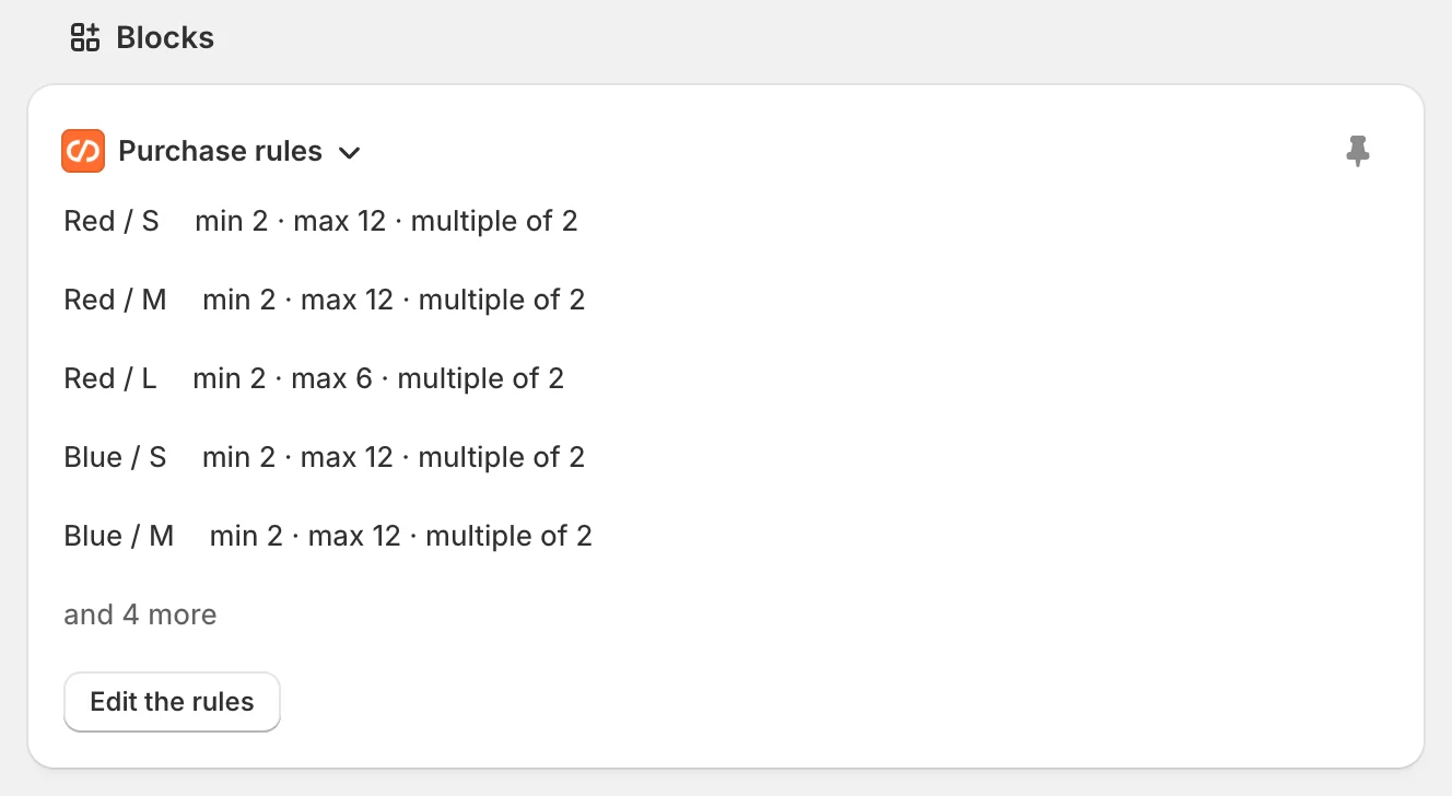 The Purchase rules block on a product page in the Shopify admin: each variant with its minimum, maximum and multiple, and an Edit the rules button.