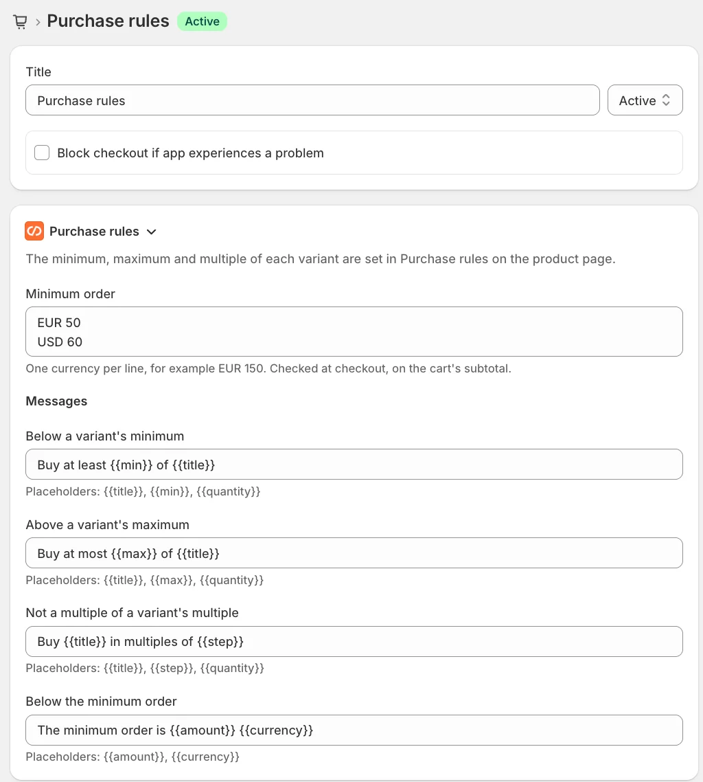 The Purchase rules checkout rule in the Shopify admin: the minimum order, one currency per line, and the four messages with their placeholders.