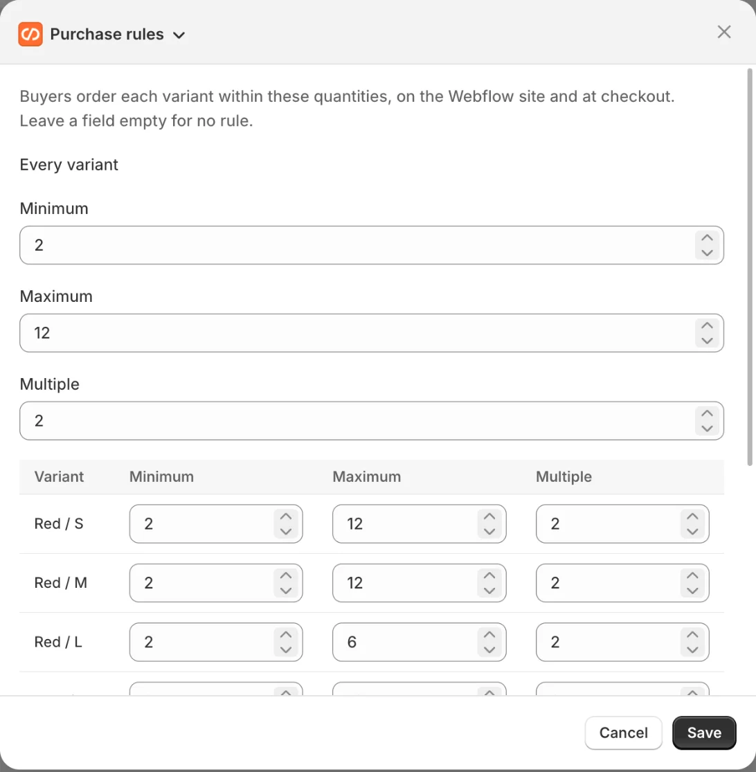 The Purchase rules table: Every variant fields for the minimum, maximum and multiple above a table with one row per variant.